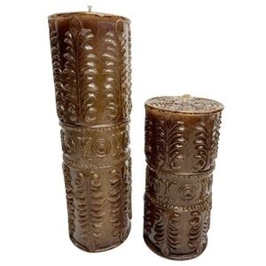 Vintage Style Brown Bronze Embossed Acanthus Leaf Pillar Candle Set of 2 9" 6"